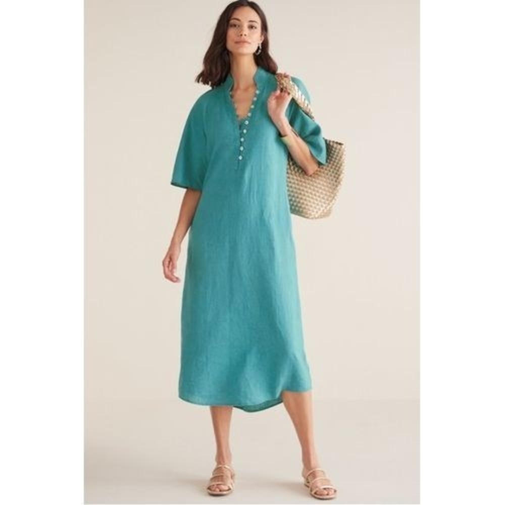 Soft Surroundings Theodora Linen Midi Dress Teal Blue Pockets  sz.1X NWT $140